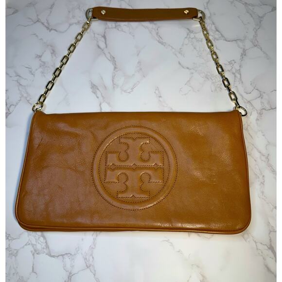 Tory Burch Bombe Reva Clutch Camel Leather Detachable Gold Chain Handle - Picture 4 of 8